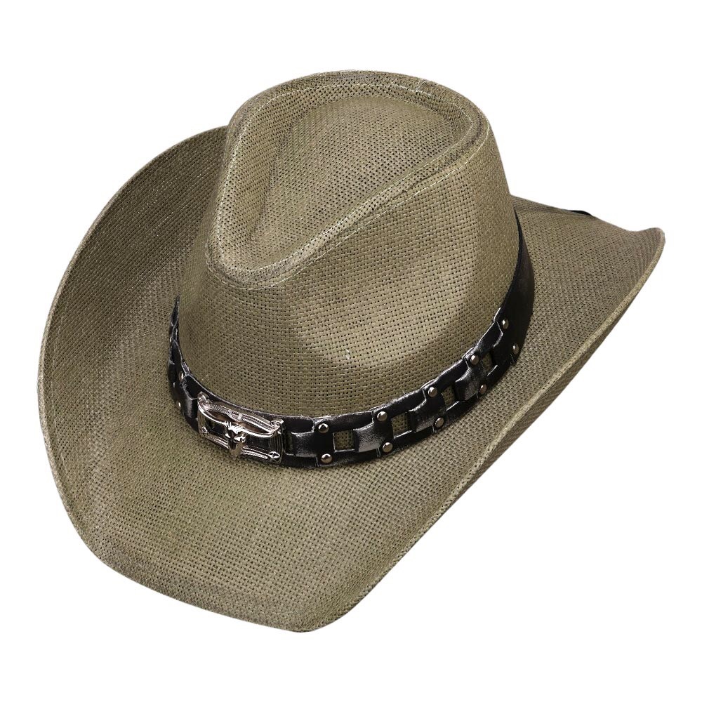 Olive Green Stud Leather Band Ornate Brim Western Straw Hat